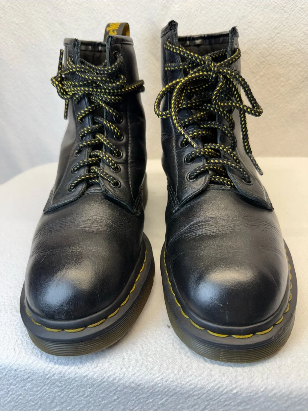 Dark Goth Dr. Martens Black Leather Lace-Up Combat Boots w/ Yellow Stitching Sz8